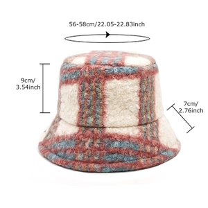 Thick red and blue plaid plush bucket hat for women with detailed size measurements