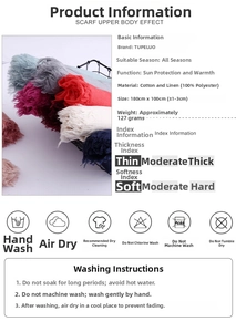 Detailed chart showing 180x100cm cotton linen scarf specifications and washing instructions