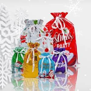 Christmas drawstring gift bags set with Santa and snowman patterns in multiple sizes
