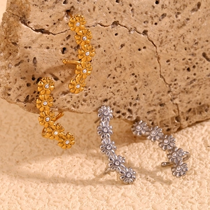 18K gold plated stainless steel five-flower ear crawlers with zircon stones