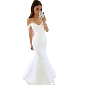 Elegant white satin mermaid wedding dress with V-neck off-shoulder design for women