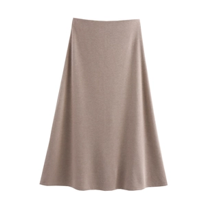 Detailed view of khaki knit midi skirt with soft ribbed texture and high waist A-line design
