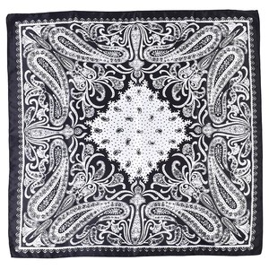 Classic black and white paisley print satin square scarf with a vintage polished finish