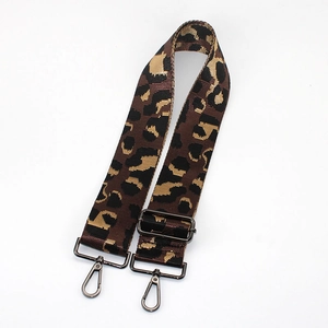 Detail of adjustable leopard print bag strap with gunmetal swivel lobster clasps