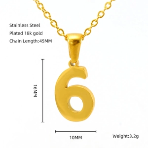 Detail view of 18k gold plated stainless steel number 6 pendant with specific dimensions
