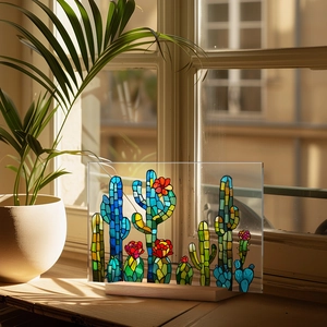 Macro shot of 3D floral acrylic art block with cactus patterns and a solid wood base