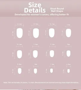 Detailed size chart for short round press-on nails including 12 sizes and 24 pieces