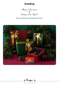 Detailed view of Christmas gift box with satin ribbon and greeting card in festive setting