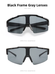Close-up of black frame sport sunglasses with gray lenses for outdoor cycling activities