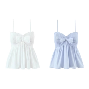 Débardeur Camisole Femme Mélange Coton Nœud Papillon Froncé Ourlet À Volants Sans Manches Bretelles Réglables
