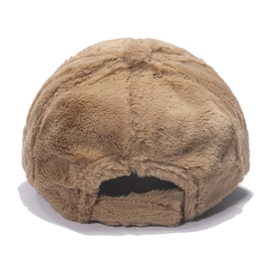 Rear view of brown fuzzy baseball cap showing thick plush texture and adjustable strap