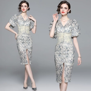 Abito Midi A Fiori Per Donna Stile Francese Scollo A V Manica A Sbuffo Orlo Con Spacco Vita In Mesh Pizzo Elegante