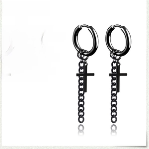 Macro detail of black stainless steel cross hoop earring with size and weight specs