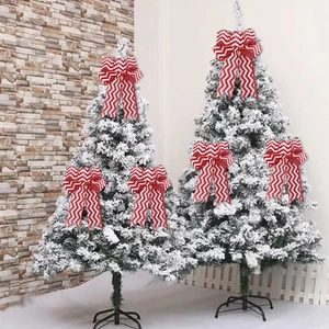 Set of five red and white striped burlap Christmas bows for festive holiday tree decoration
