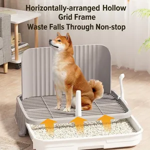 Large pet toilet with high splash guard and mesh grate for dog training, grey and white