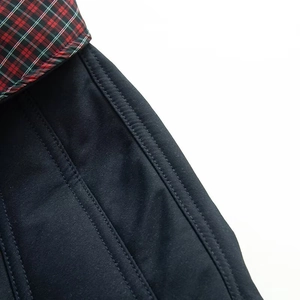Detail einer dunkelblauen Steppjacke mit klassischem rot-grünem Karomuster am Kragen