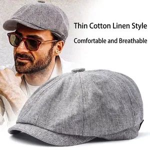 Retro Newsboy Cap For Men Cotton Linen Octagonal Hat Breathable Lightweight British Casual Style Adjustable