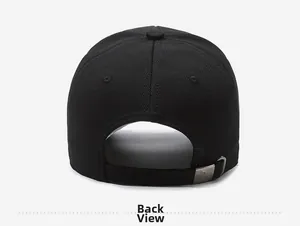 Detail of baseball cap back with adjustable fabric strap and matte metal D-ring buckle