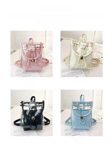 Detail view of transparent PVC mini backpacks in four colors with inner drawstring pouches