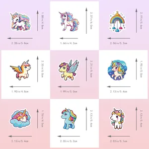 Size chart showing dimensions for cute cartoon unicorn and rainbow graffiti stickers