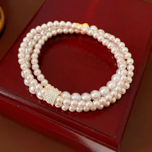 Vintage French Style Multi Strand Faux Artificial Pearl Bracelet Featuring Pave Zircon Metal Clasp Exquisite Elegant Hand Jewelry