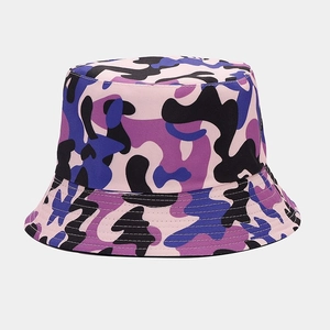 Detailed view of colorful camouflage bucket hat featuring reinforced stitching on brim