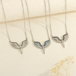 Three angel wing necklaces with micro-pave zircons and sword pendants on O-chains