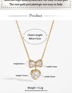 Detailed size specifications for gold bow and heart pendant necklace with dimensions