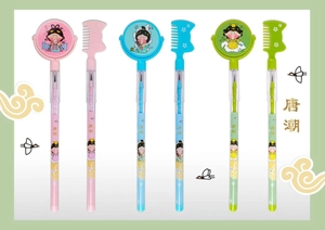 Detail of 6-piece multifunctional pencils featuring built-in mirrors, combs, and Tang style art