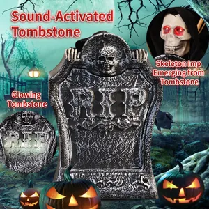 Animated Halloween tombstone with RIP text, glowing skull eyes and spooky sound effects