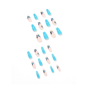 Sky blue and pink press-on nails with butterfly designs in long ballerina shape