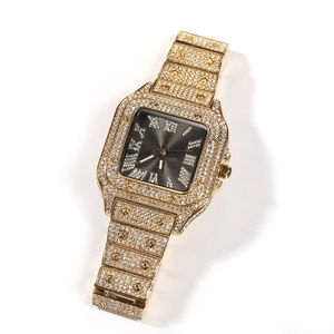 Detailed view of square gold watch with iced-out diamonds and Roman numeral dial markers