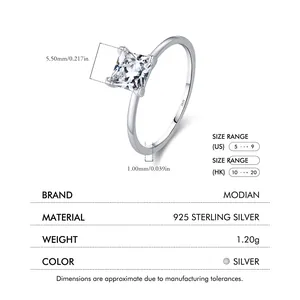 Bague en argent sterling S925 avec zircon carré de 5,5mm et serti à quatre griffes