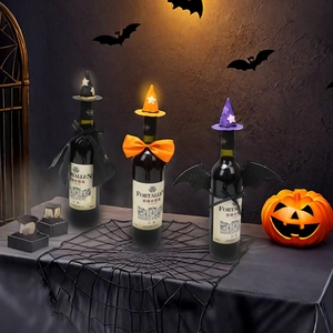 Halloween witch hat and bat wing wine bottle decorations set for festive party party props