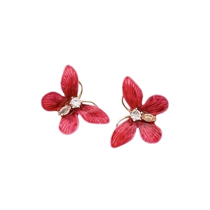 Élégantes boucles d'oreilles papillon vintage en émail rouge et cristaux de zircone brillants
