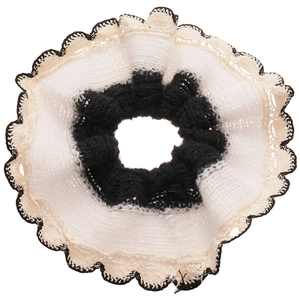 Knitted lace scrunchie with black inner ring and white wave edge for elegant low ponytail