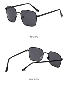 Multi-angle view of black polarized sunglasses with slim metal frames from 45 and back show