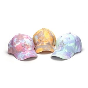 Kids rhinestone crown baseball caps in three vibrant tie-dye color patterns and cotton fabric