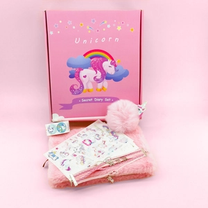 Set de papelería de unicornio de peluche rosa con diario secreto y pegatinas en caja