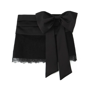 Elegant black satin lace corset belt with decorative bow on a clean white background
