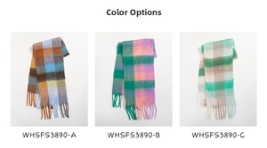 Detailed comparison of three colorful plaid scarves with soft fringes and diverse patterns