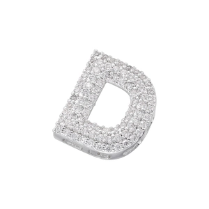 Macro shot of silver letter D pendant with pave-set sparkling cubic zirconia stones