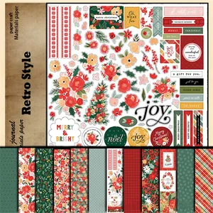 Detalle de papel de scrapbooking retro navideño con motivos florales y de cuadros