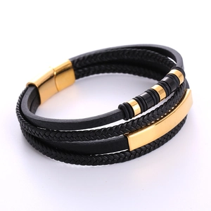 Multi Layer Woven Leather Bracelet For Men With 316L Stainless Steel Magnetic Clasp Hip Hop Jewelry Gold Tone