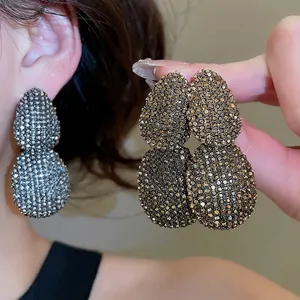 Vintage Double Layer Oval Teardrop Earrings Alloy Rhinestone Pavé Set Statement Retro Party Jewelry For Women With Earring Post