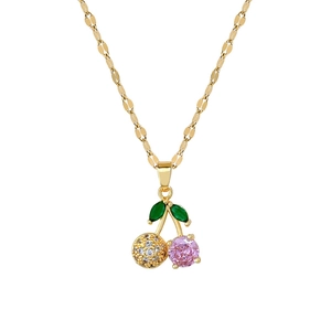 Titanium steel gold cherry necklace with pink and green crystals on flat chain