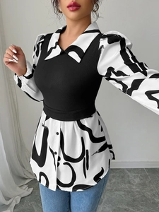 Women's 2-in-1 long sleeve shirt featuring black knit vest and abstract print sleeves