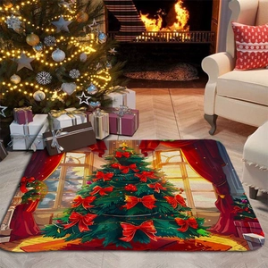 Christmas tree flannel absorbent door mat with red bow design in a cozy living room scene