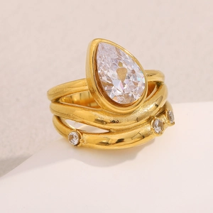 Macro shot of 18K gold plated multi-layer ring with pear-cut drop shape zircon stone