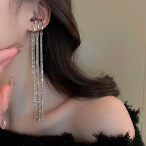 Elegant silver triple-layer long fringe tassel ear cuff earrings for women in metal finish